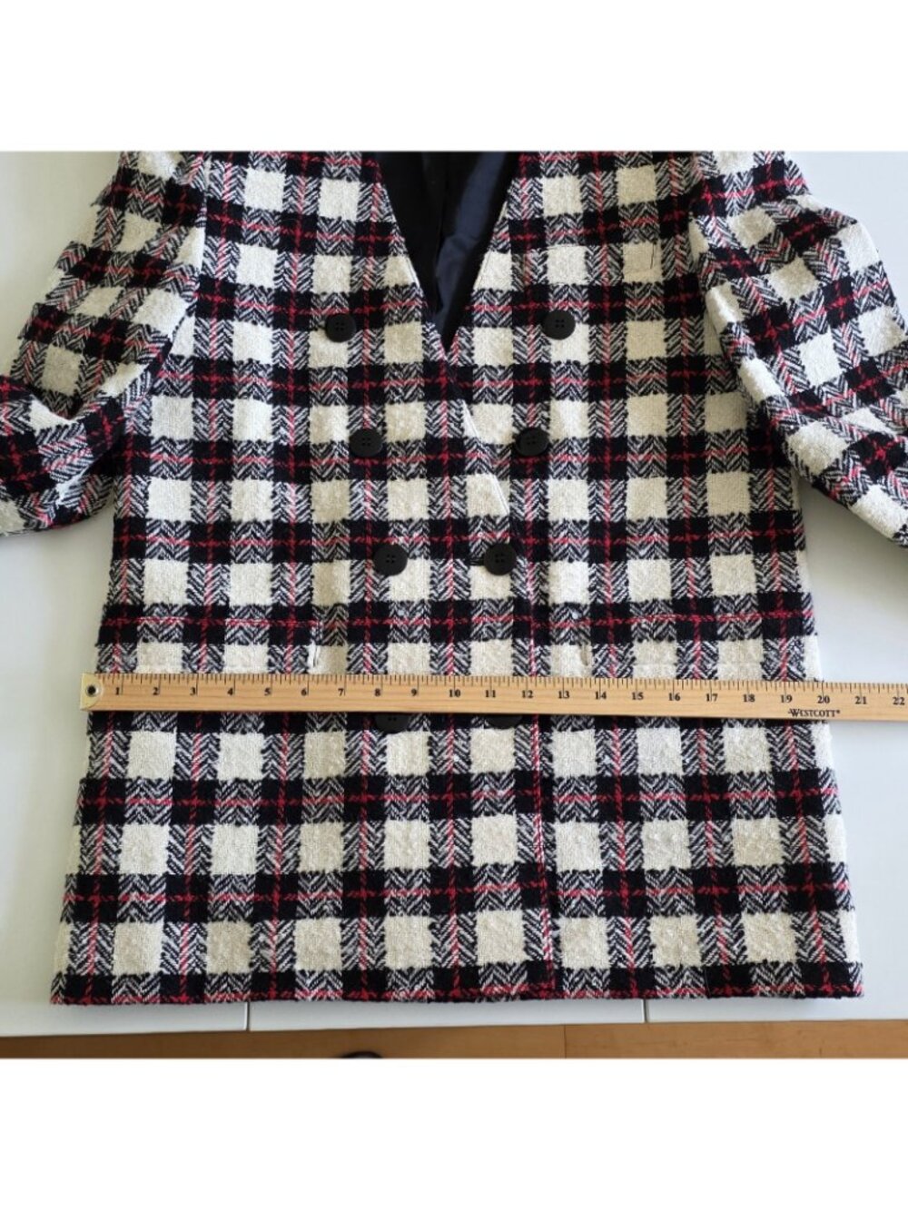 Vtg 80s Planet Plaid Blaizer US 8 Wool Blend Lined DB Colarless England Academia - Picture 14 of 16